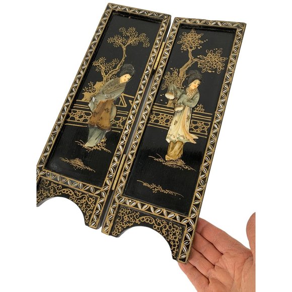 VTG Mini Two Panel Japanese Relief Art Screens Byobu Geishas Decor 6768